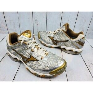 Mizuno "Wave Lightning" White, Silver and Gold Volleyball Shoes Women's 8.5